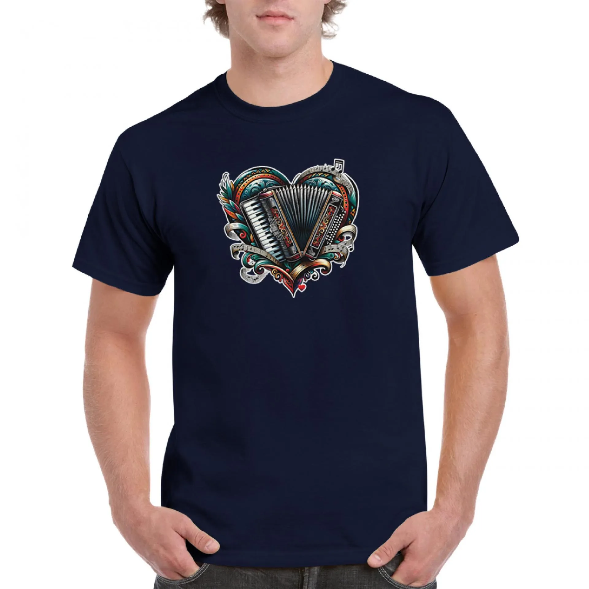 T-shirt with vibrant accordion illustration